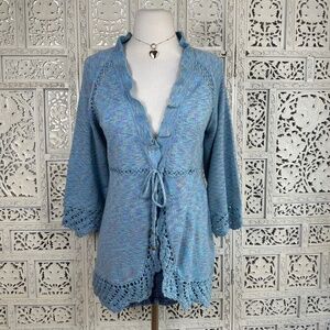 RXB Blue Marled Colorful Tie Front Crochet 3/4 Sleeve Boho Y2K Style Cardigan